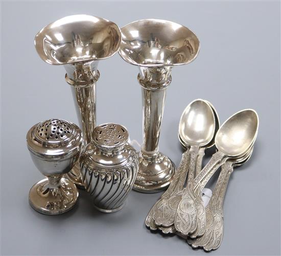 A set of eight Scottish Victorian silver teaspoons, Glasgow 1875, William Coghill, foliate engraved and four other silver items